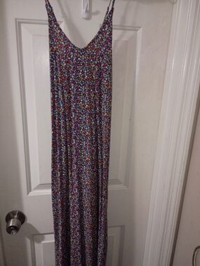 Old Navy Floral Maxi Dress in Navy with Red, Yellow, White, and Blue Flowers